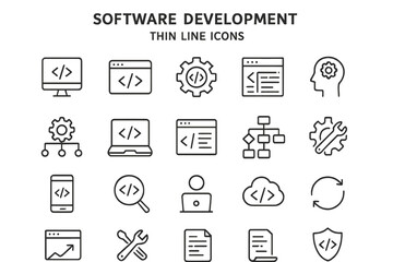 Wall Mural - software development thin line icon set. coding, programming, web and app development symbols. vecto