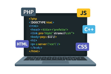 Wall Mural - programming code on laptop screen. web development concept. programmer creating software. website cr
