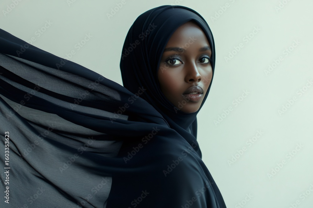 Studio portrait of a young Somali woman wearing a flowing black hijab ...