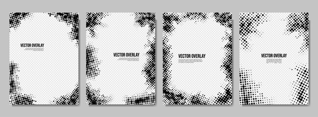 Wall Mural - Vector illustration. Halftone dotted frame set. Black color faded dots border on white background. Design for poster, invitation, journal, flyer, coupon, book cover. Retro geometric banners collection