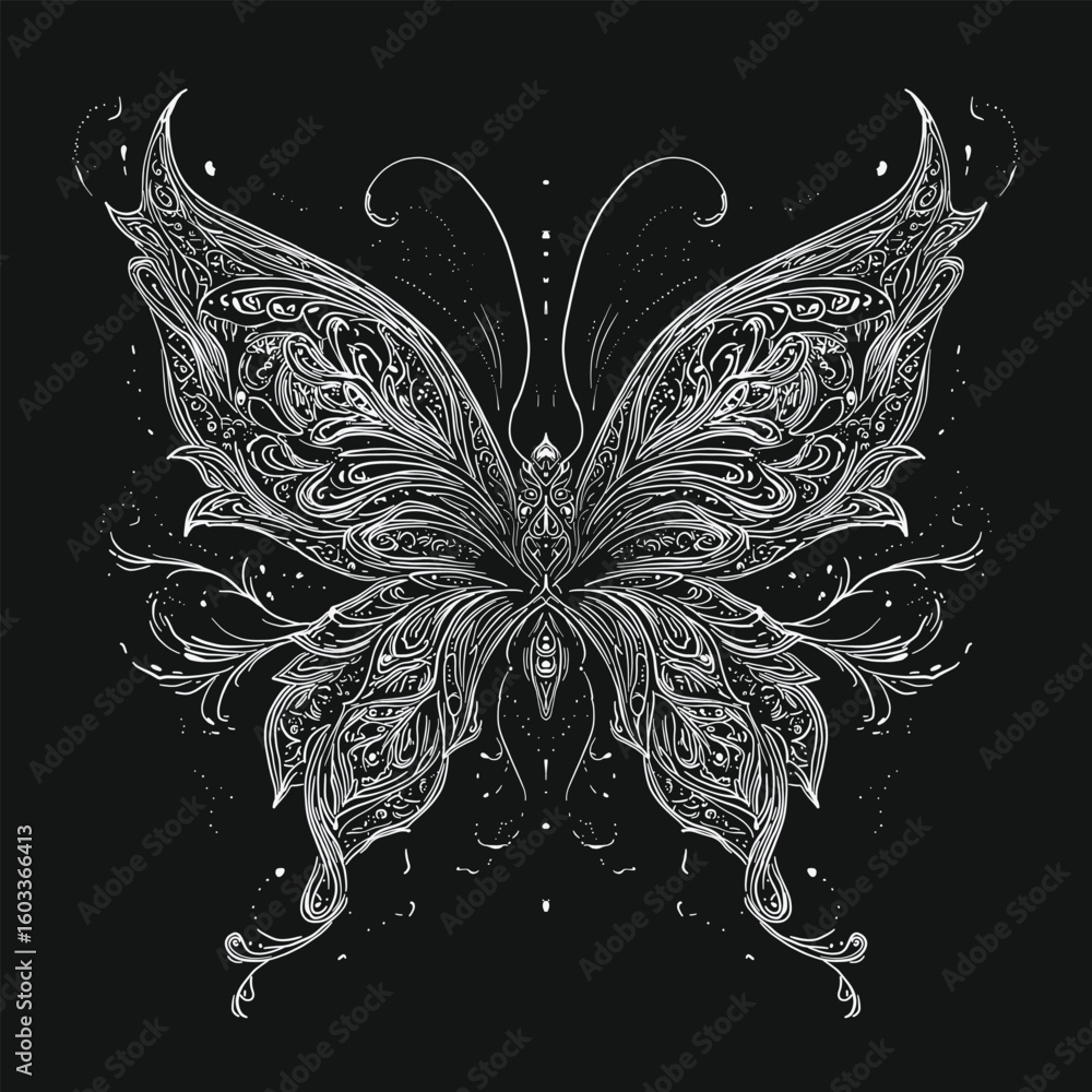 Elegant and complex white line art illustration of a butterfly with ...