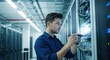 © DigitalSpace - Technician inspecting cuttingedge network equipment in a brightly lit modern data center room.