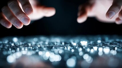 Wall Mural - close up of hands interacting with a futuristic, innovative technology interface, touching a surface