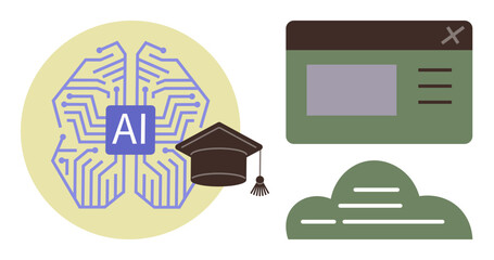 AI brain next to a graduation cap, a cloud, and a web interface. Ideal for education, technology, innovation, cloud computing, digital learning, AI development simple flat metaphor