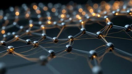 Wall Mural - Metallic spheres interconnected by golden filaments create a network, symbolizing data exchange and representing technological innovation in a complex and interconnected system