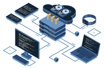 Wall Mural - isometric cloud technology computing. isometric network with computer, laptop, tablet, and smartphon