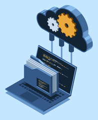 Wall Mural - isometric cloud storage concept with laptop. cloud technology with folder and laptop. isometric comp