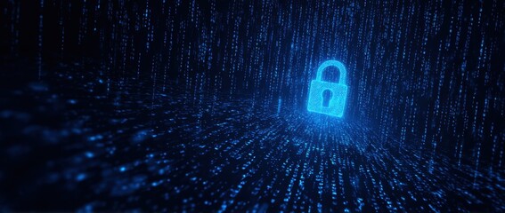 Blue digital background vector with a padlock symbol and binary code for security, data protection, or cyber-security design element Generative AI