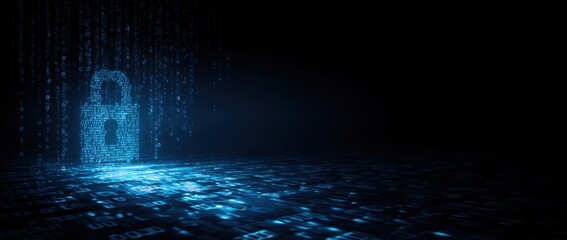 Abstract background with a blue padlock symbol and digital code on a dark background web banner for a security system protection or cyber guarding concept Generative AI