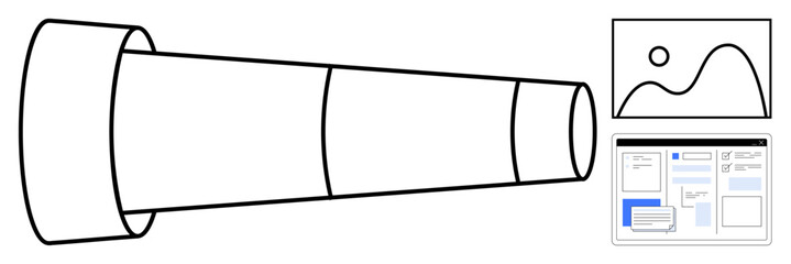 Telescope alongside a landscape image and interface layout. Ideal for discovery, strategy, vision, creativity, exploration, observation, and focus. A simple flat metaphor