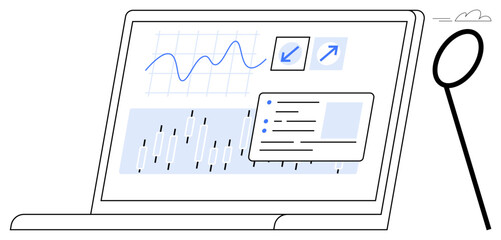 Laptop screen featuring data charts, statistical graphs, interface tools, and focused person. Ideal for analytics, research, strategy, productivity, business growth technology simple flat metaphor