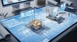 © DigitalSpace - Engineering workspace with large format blueprint blending into interactive 3D construction simulation.