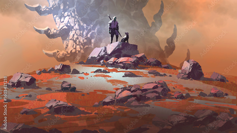 A traveler with a dog stands on rocky alien terrain, gazing at an ...
