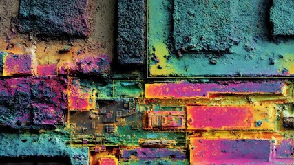 Wall Mural - microscopic view of a vibrant, colorful circuit board revealing intricate details, highlighting tech
