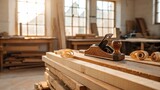 A traditional wooden hand plane rests on a stack of freshly milled timber planks, surrounded by delicate wood shavings, set within a sunlit woodworking shop, conveying craftsmanship