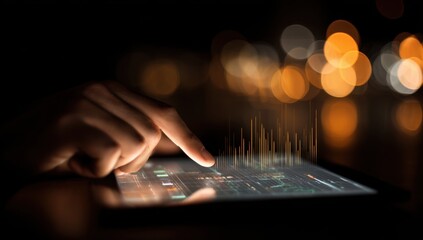 A hand interacts with a digital interface displaying data visualizations and glowing graphs against a backdrop of blurred lights creating a modern