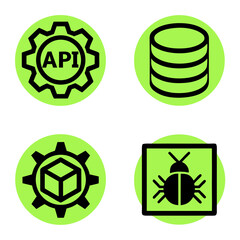 Four simple, outlined icons representing API, database, software development, and bug.