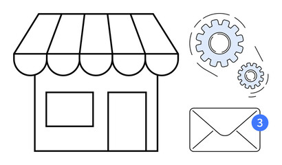 Wall Mural - storefront under a striped awning alongside gears and a notification badge on an envelope. ideal for