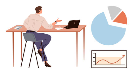 Wall Mural - worker seated at desk, gesturing while examining laptop data. accompanied by pie chart and rising tr