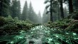 © The Little Hut - Futuristic digital landscape of a lush green forest with glowing circuit pathways and tall trees under misty sky for technology and nature fusion concept