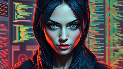 Portrait of a woman with blue eyes in front of computer code on multiple screens in the background