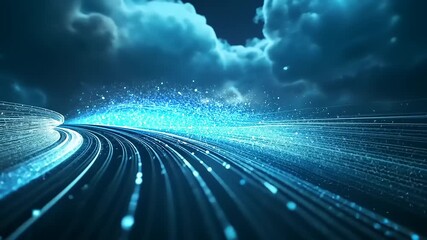 Wall Mural - abstract digital landscape with flowing lines and glowing particles under a dramatic cloud-filled sk