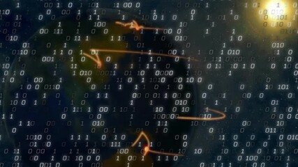 Wall Mural - on binary drift, planet under star displaying orbital trails and code overlay representing network