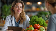 © Wasin Arsasoi - Nutritionist Consultation: A smiling nutritionist shares dietary guidance with a patient, surrounded by a vibrant display of fresh produce.