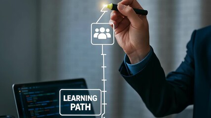 AI software developer collaboration with coding learning path and digital icons on laptop screen in office environment and wooden table workspace