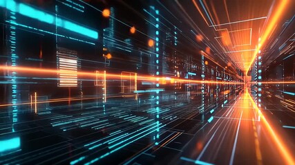 Wall Mural - Futuristic digital tunnel with glowing lines and data streams creating a vibrant abstract background