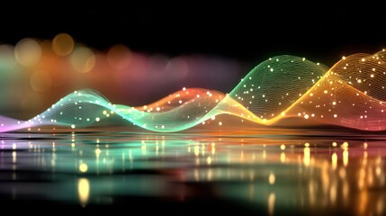 Wall Mural - Abstract rainbow waves with glittering particles reflected on dark surface