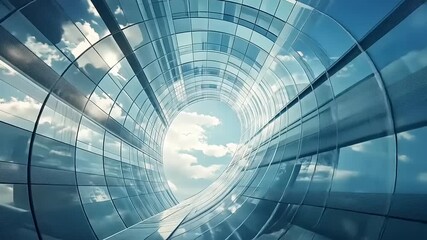 Wall Mural - Futuristic glass tunnel with reflective surfaces and blue sky, creating a sense of motion and depth