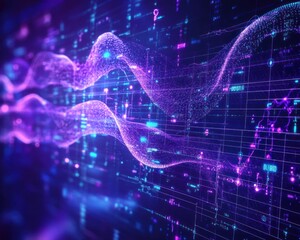 Wall Mural - abstract digital landscape with wavy lines and glowing dots in shades of purple and blue hues design