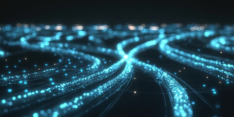 Wall Mural - a digital landscape with glowing blue streams and bokeh lights on a dark background creating a netwo