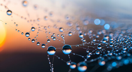 A hyper-realistic macro shot of delicate water droplets on a glowing spiderweb at dawn, refracting a rainbow and showing nature's intricate beauty.