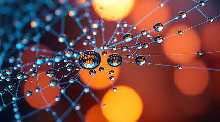 A hyper-realistic macro shot of delicate water droplets on a glowing spiderweb at dawn, refracting a rainbow and showing nature's intricate beauty.