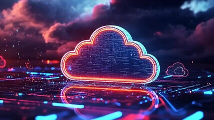Wall Mural - Futuristic digital cloud with neon lights against a dramatic sky, symbolizing technology and innovation