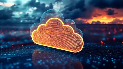 Wall Mural - Digital cloud icon glowing with orange lines against a vibrant sunset and stormy sky backdrop