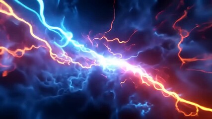 Wall Mural - Vibrant electric storm with blue and orange lightning bolts illuminating a dark, cloudy atmosphere