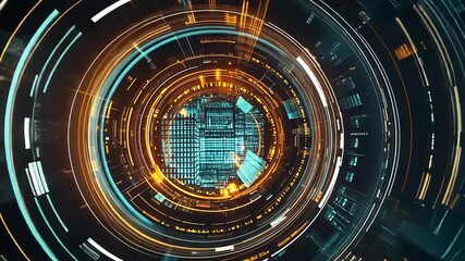 Wall Mural - Abstract digital technology background with vibrant circular patterns and glowing elements in motion
