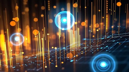 Wall Mural - Abstract digital landscape with glowing lines and circles representing data flow and technology