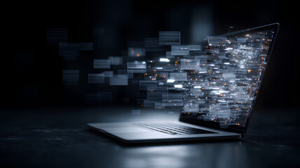 Wall Mural - a laptop with digital files emerging from the screen, symbolizing digital archiving and data storage