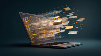 Wall Mural - a laptop with digital files emerging from the screen, symbolizing digital archiving and data storage