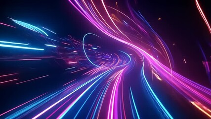 Wall Mural - Vibrant neon light trails creating a dynamic sense of motion through a dark urban landscape