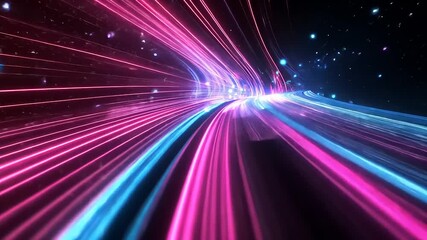 Wall Mural - Vibrant neon light trails create a dynamic motion effect in a dark, futuristic environment