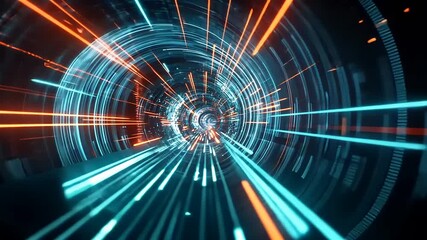 Wall Mural - Futuristic abstract tunnel with glowing blue and orange lines creating a sense of speed and motion