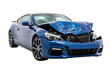 © Pambudi - Modern blue car showing extensive damage after crash isolated on white or transparent background. PNG