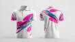 © Rinowz - 3D mockup of a white sport polo shirt displayed from front and back perspectives, decorated with a creative typography layout of overlapping