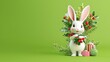 © Rinowz - Elegant mezzotint 3D illustration of a white rabbit hugging a decorated holly tree with red berries and leaves, whimsical Christmas mood, isolated on a vibrant green background