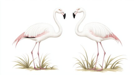 Naklejka na meble Elegant mezzotint engraving of two flamingos side by side, rich strong grain texture, outdoor natural setting in textile design style, perfect for bird watching themes